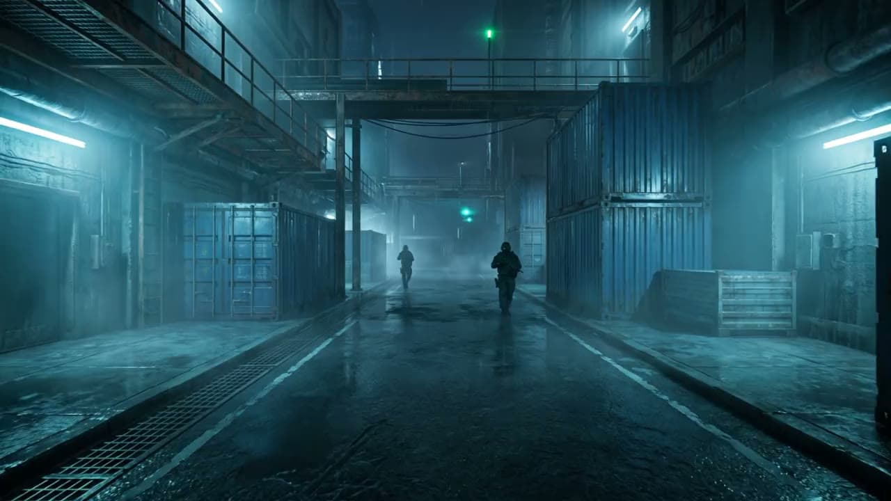 Rain falls on a night street flanked by stacked shipping containers in a near-future city at eye level